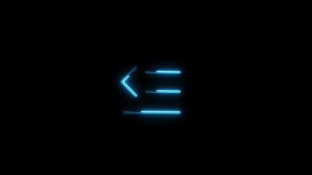 Animated neon blue back arrow with menu lines glowing on a black background, suitable for website interface navigation, video playback controls, and UI UX elements.