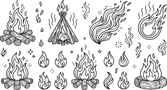 Campfire and blazing bonfire vector line art set featuring burning wooden logs roaring flames sparks and smoke swirls.