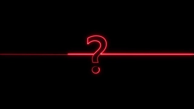 Glowing red neon question mark animation on a continuous line loop with black background, representing confusion, technical support help, faq queries, and problem-solving.