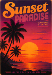 Fototapeta premium Vintage Sunset Paradise Poster with Palm Trees and Tropical Beach Scenery in Retro Style