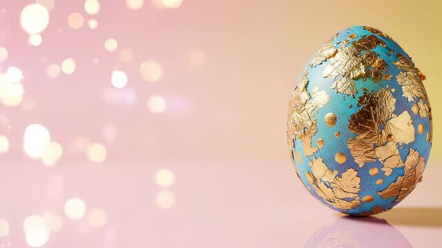 Decorative blue egg with gold patterns sits on smooth surface. Soft pastel background with sparkles. Concept of celebration, party planning, craft supplies