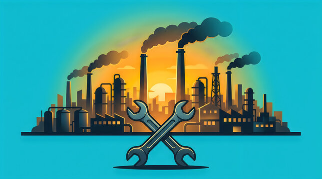 Industrial Cityscape at Sunset with Crossed Wrenches