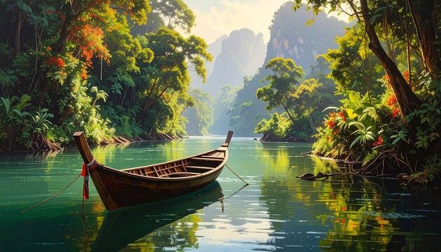 Wooden boat on serene river