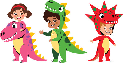 Naklejka premium Cute cartoon kids in colorful dinosaur costumes, funny children character set vector illustration isolated background.