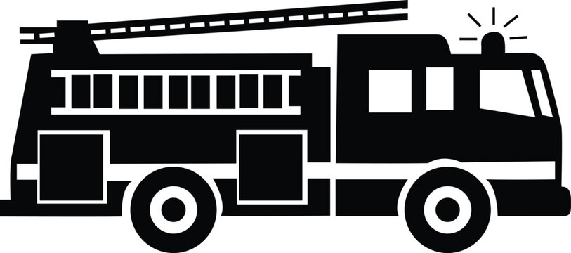 Fire Truck Silhouette Vector Icon, Emergency Fire Engine Rescue Vehicle Illustration, Isolated White Background Safety Design Today