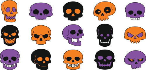 Obraz premium Cute Halloween skull cartoon vector set. Spooky skeleton faces in orange, purple, and black.