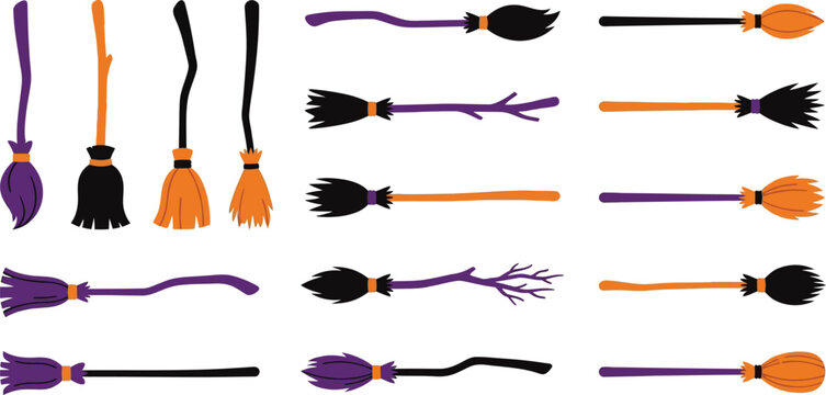 Cute Halloween witch broomstick cartoon vector set. Magic flying brooms in orange, purple, and black.