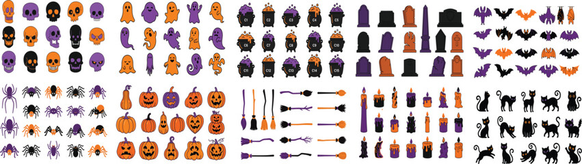 Mega bundle of Halloween flat vector icons, massive collection featuring pumpkins, ghosts, skulls, bats, spiders, cauldrons, tombstones, black cats, magic wands, and candles in orange, purple. © Roky