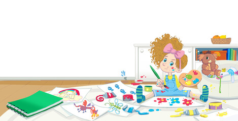 Naklejka premium girl with paints in her hands sits among her drawings