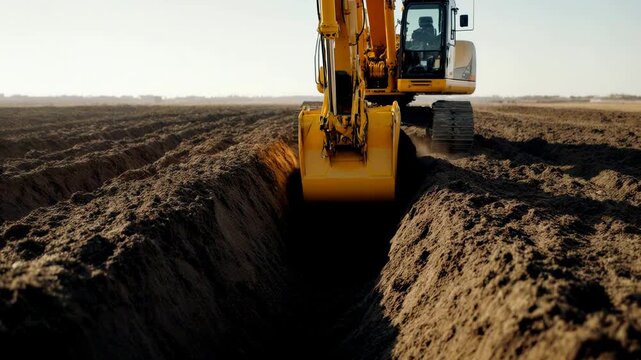 Yellow excavator digging a deep trench in dark soil. Heavy earthmoving machinery working in a large open field. Agricultural or construction site preparation