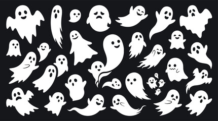 Fototapeta premium Cute ghost characters set with various expressions on black background for holiday.