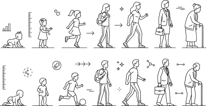 Human life cycle aging process vector line art set featuring male and female from baby to old age.