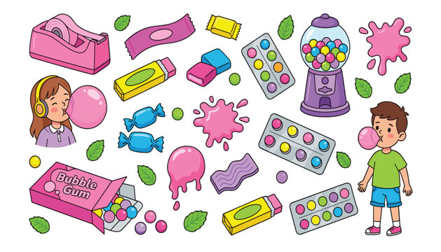 Cute bubble gum vector elements set with kids blowing bubbles candy dispenser sweets and mint leaves illustration