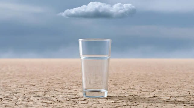 A glass of water sits precariously on parched, cracked earth under a single, distant cloud and a foreboding sky, illustrating environmental challenges
