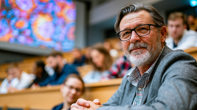 Immunology professor delivering lecture on thymic involution to medical students in tiered university auditorium, aging immune cell diagram filling projection screen, elderly model volunteer seated 