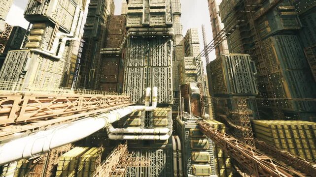 Elevated maintenance catwalk weaving between service towers, dense pipe arrays and access ladders create industrial maze, worn metal textures, utility boxes