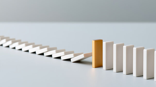A line of falling white dominoes halted by a single golden tile, symbolizing a break in reaction or a unique solution to a chain event