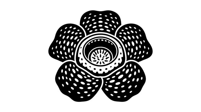 A detailed black and white line art illustration of a Rafflesia flower.