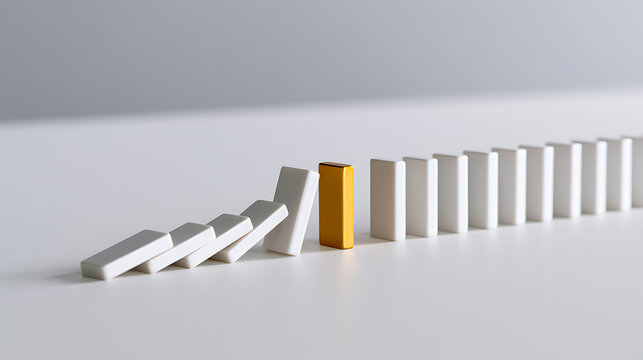 A line of falling white dominoes halted by a contrasting gold domino, symbolizing strong leadership, resilience, and successful problem resolution