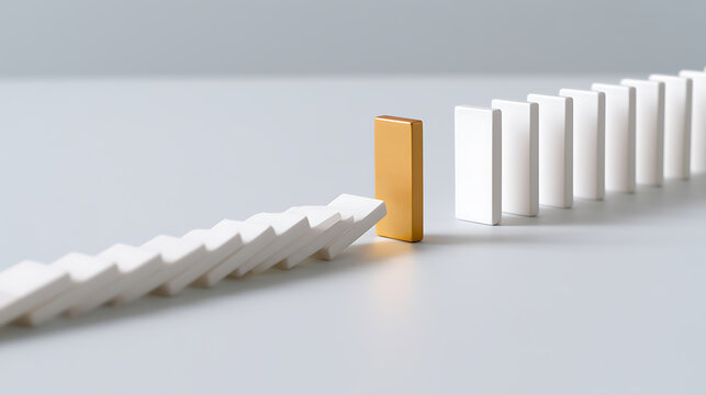 Conceptual image of a golden block stopping a chain reaction of falling white blocks, symbolizing problem-solving and resilience in business