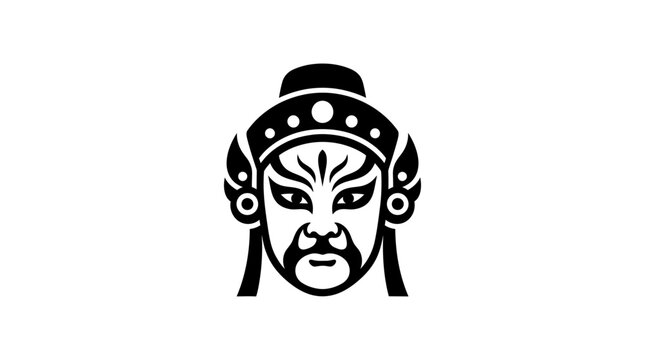 A stylized black and white illustration of a traditional Chinese opera mask.