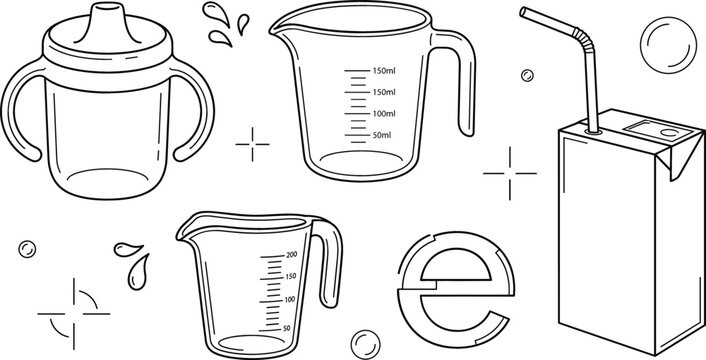Baby sippy cup and measuring jug vector line art set featuring juice box straw estimated sign water drops.