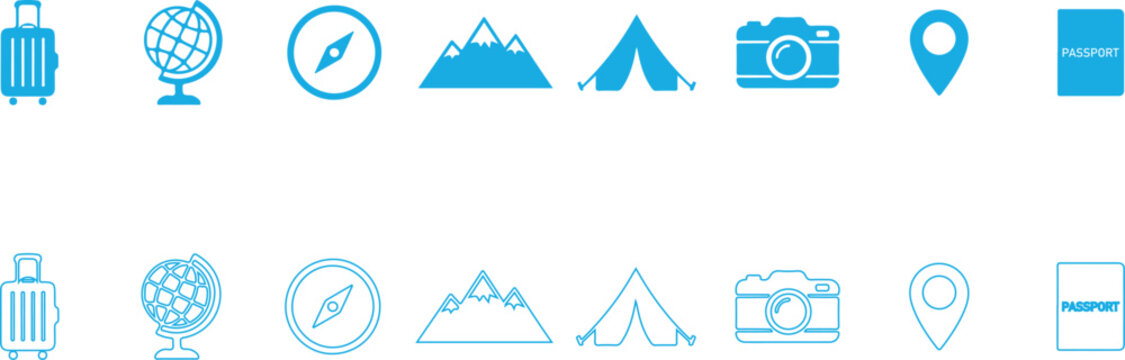 Set of blue travel icons featuring solid and outline styles for tourism design projects including luggage globe compass mountain tent camera map pin passport