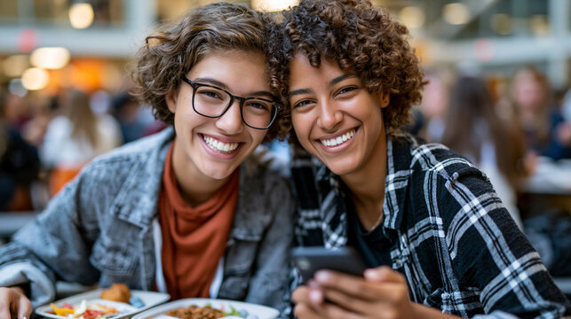 Photorealistic candid scene of two teenage girls of different ethnicities sitting together at a school cafeteria table sharing lunch and laughing over something on a phone, open lu