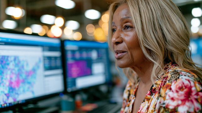 Returns fraud prevention analyst flags suspicious patterns on a returns management software dashboard, comparing purchase history timelines and address clusters on a dual-screen workstation inside a