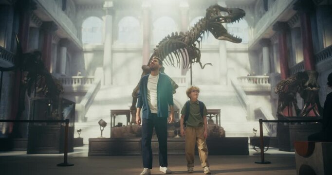 Natural History Museum Visit: Father and Young Son Watching a Towering Dinosaur Skeleton, Pointing, Talking, and Learning Together in a Grand Fossil Hall.