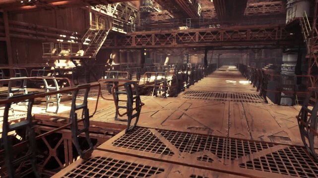 heavy industry main aisle with long grated path, parallel rails and overhead rigging, warm dust motes, heavy steel construction, worn maintenance marks,