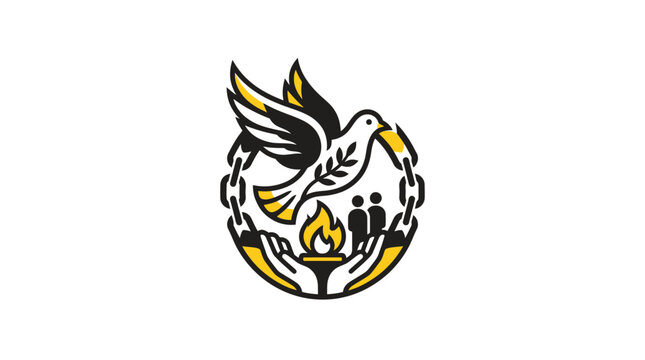 Dove of peace flying over hands holding a torch with people silhouette