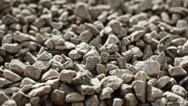 Close view of crushed stone aggregate pile with low-angle perspective and directional light revealing rough texture, angular fragments, dusty surfaces, gray brown tones, industrial building material