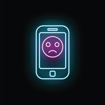 Smartphone icon showing a sad neon emoticon, representing cyberbullying, loneliness, and mental health issues