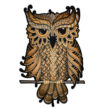 Owl Design With Intricate Patterns and a Bold Outline on a Transparent Background