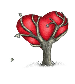 Tree Shaped Like a Heart With Red Leaves on a Transparent Background for Art Design