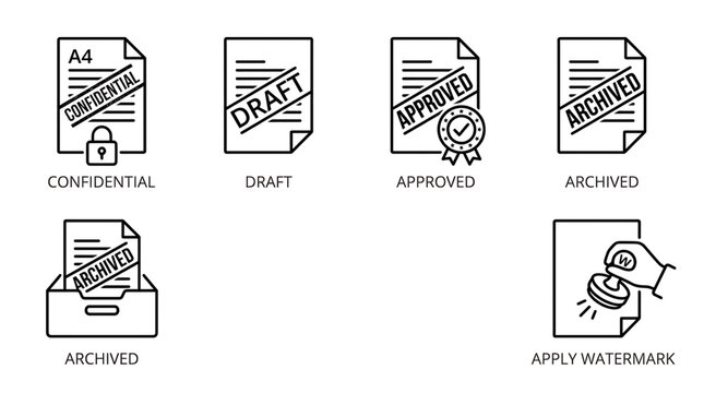 Document icons show confidential, draft, approved, archived, and watermark apply statuses.