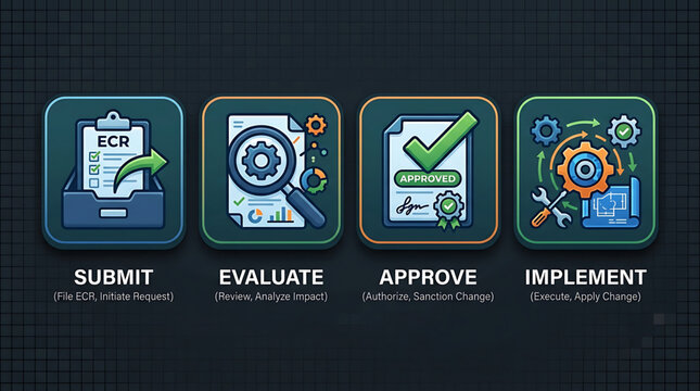 Business process icons including submit evaluate approve and implement actions