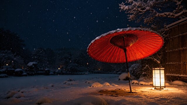 雪の夜に佇む赤い和傘と行灯のあかり 静かに降る雪と朱色のコントラスト