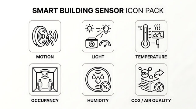 Smart building sensor icons illustrate motion, light, temperature, occupancy, and humidity levels indoors.
