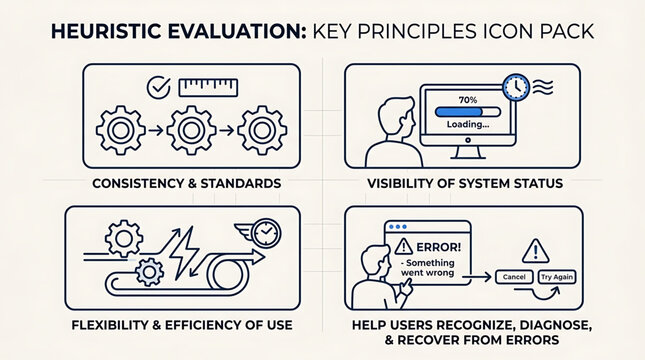 Heuristic evaluation principles icon set for user interface design guidelines and standards