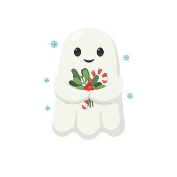 Adorable ghost character holding a mistletoe bouquet and candy cane for christmas holiday celebration isolated on white