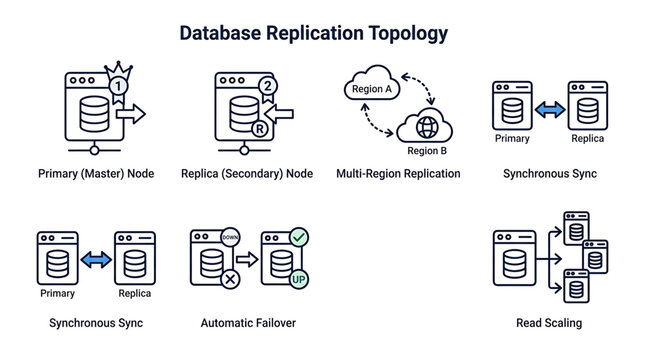 Database replication topology diagram shows primary node syncing with replica nodes across regions.