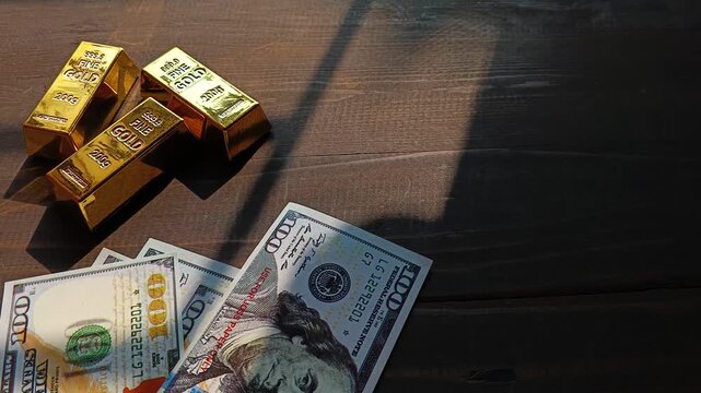 Gold bars and US dollar banknotes on wooden table with sunlight, symbolizing wealth, investment, finance, savings, and safe assets.