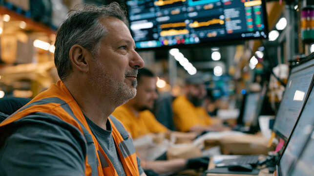 E-commerce fulfillment startup team celebrates a same-day dispatch milestone in their warehouse, workers visible celebrating briefly among packing stations while operations metrics on an overhead sc