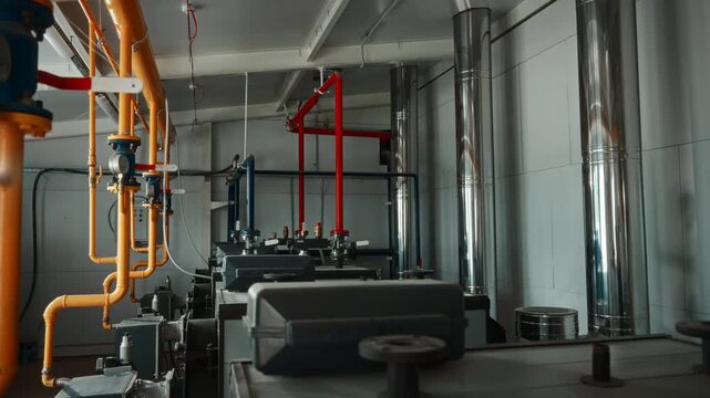 Modern gas boiler room interior with color coded piping, stainless exhaust flues, utility lines, industrial controls, heating equipment, reflective metal surfaces, organized technical layout across