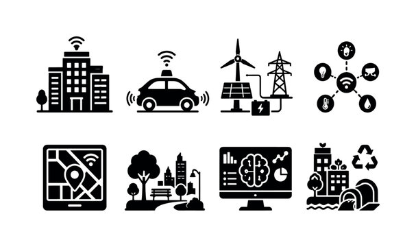 Future Smart Cities. Filled icon set of Future Smart Cities: smart building, autonomous vehicle, renewable energy grid, connected sensors, digital map, urban park, AI control hub, sustainable