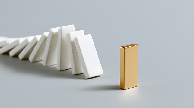 Golden Block Stops White Dominoes from Falling, Illustrating Prevention, Solution, and Business Success on a Clean Gray Background