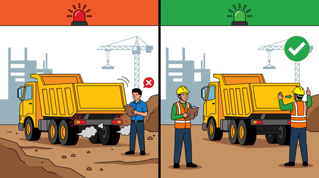 Construction workers demonstrating safe versus unsafe dump truck reversing procedures at work site