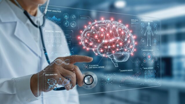 Futuristic Healthcare Concept Medical Professional Interacting With Digital Brain Interface In Soft Cinematic Lighting